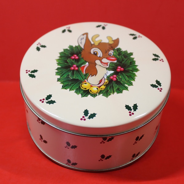 Vintage Rudolph The Red-Nosed Reindeer and Holly Christmas Tin / Collectible Cookie, Candy Tin /  Holiday Decor