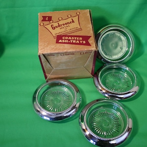 Vintage Gadrooned Silver Metal on Sparkling Crystal Set of 4 Glass Coaster Cigarette Ash Trays