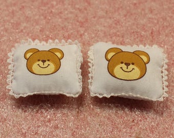 Miniature Dollhouse Pillow Lot of 2 Vintage Nursery, Kids Throw Pillows with Teddy Bear Face / Mini Fabric Pillows with Lace