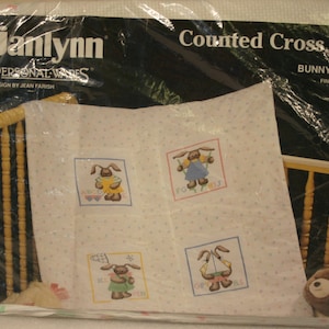 1990 Janlynn Counted Cross Stitch Kit BUNNY COVERLET #277-544 / Vintage Design By Jean Farish / 32&quot; x 44&quot; Baby Crib Coverlet