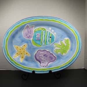 Hausenware by Mary Jane Mitchell Blue Aquarium 16&quot; Vintage Oval Serving Platter
