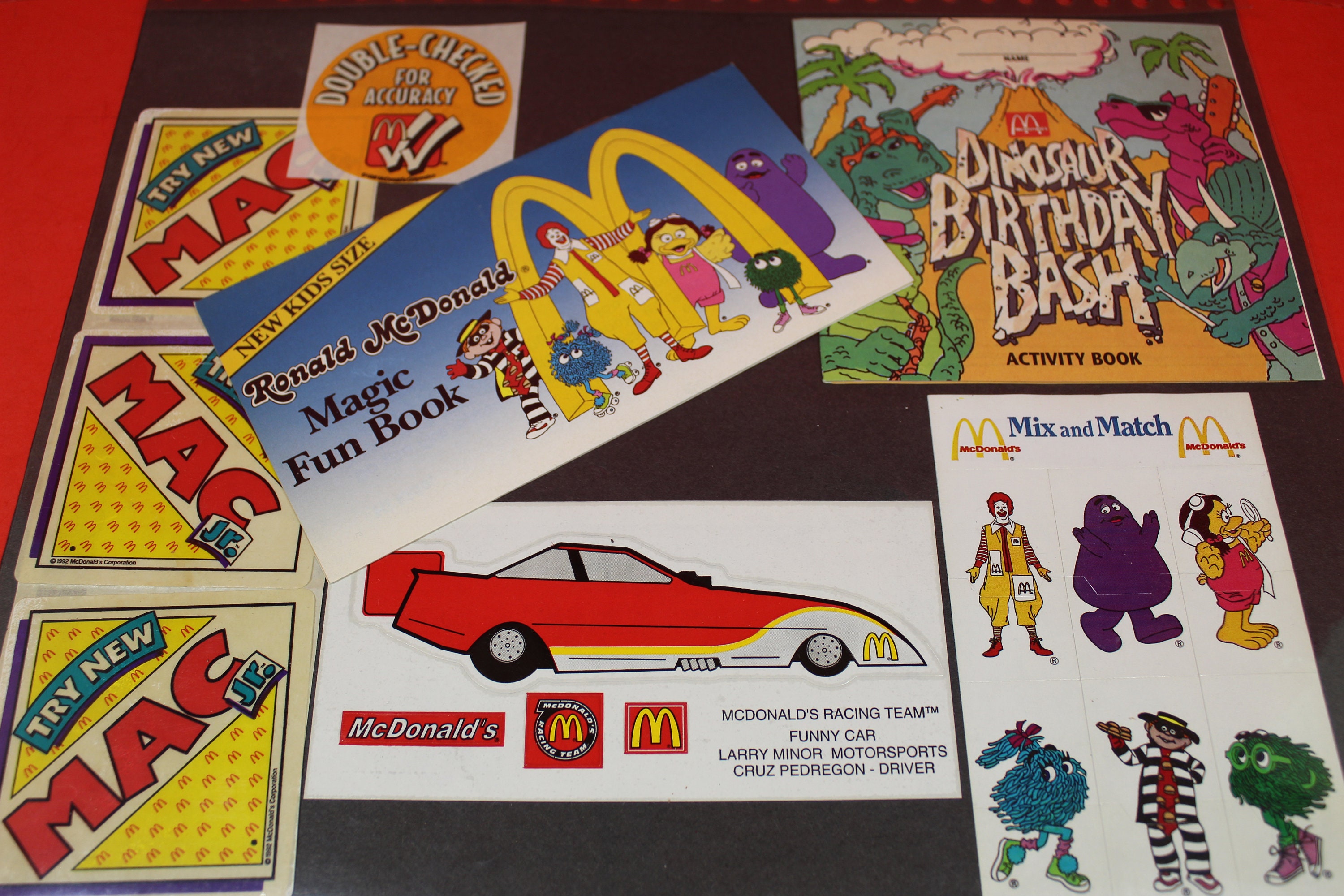 McDonald's Ephemera Vintage Collage / Magic Fun Book, Dinosaur Birthday Bash Book, Stickers - Grimace Hamburglar Mac Jr. Racing Car