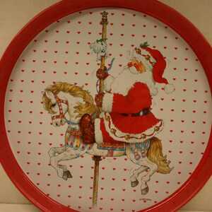 Vintage 1991 Metal Christmas Serving Tray Giordano Giftco / Santa On Carousel Horse Tin Round Cookie Tray