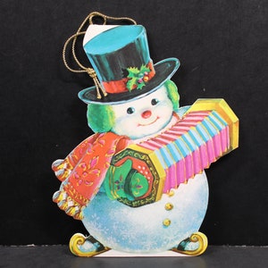 Vintage Norcross Greeting Card  Unused Christmas & New Year Double-Sided Hanging Ornament Snowman Die Cut Card / Snowman Playing Accordion