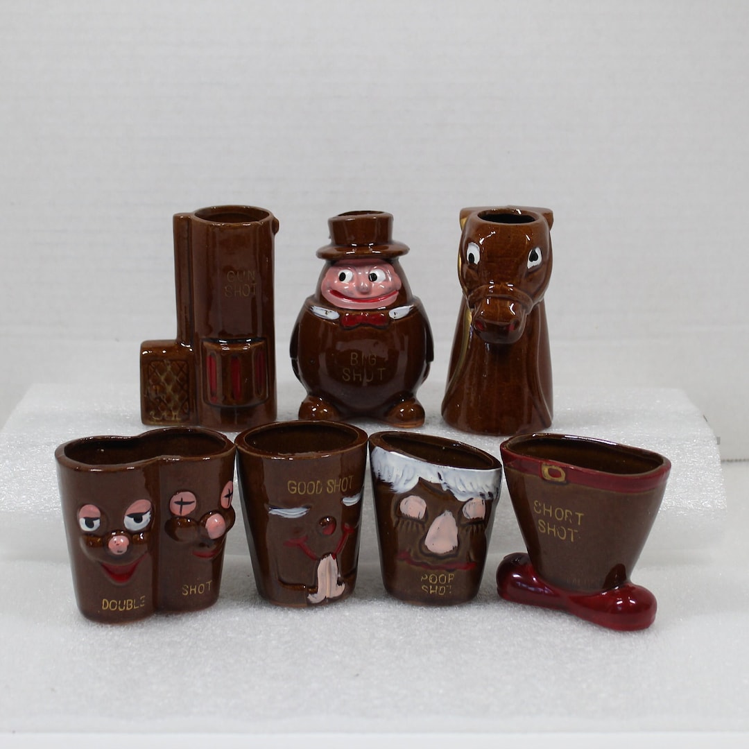 Vintage Shot Glass Set / 7 Japan Brown Glaze Pottery Shot Glasses / Mid Century/ Bar Jiggers