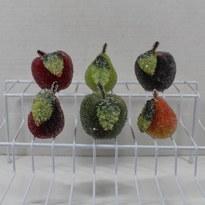 Small Artificial Sugar Frosted Fruit Lot of 6 / Faux Sugar Beaded Apples and Pears /  Food Props / Fake Ornamental Fruit