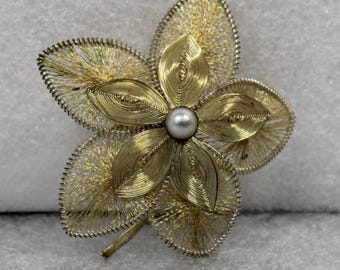 Wire Filigree Brooch Gold Tone Flower with Faux Pearl Vintage 60's