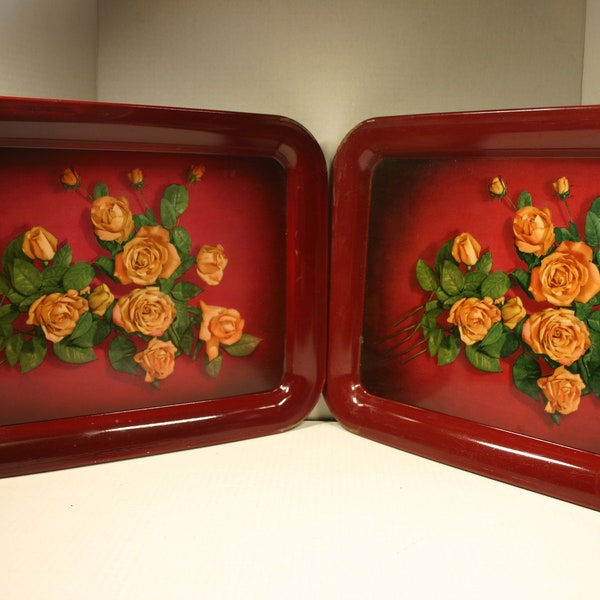 2 Vintage MId-Century Metal Serving Trays Deep Red with Floral Pink Roses Litho / Retro Decor / TV, Lap, Bar