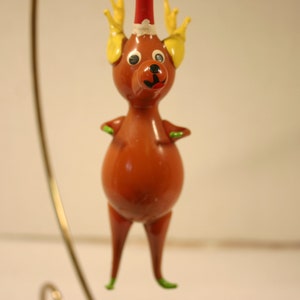 Vintage Glass Reindeer Christmas Ornament / Hand Blown / Hand Painted / Funny / Whimsical
