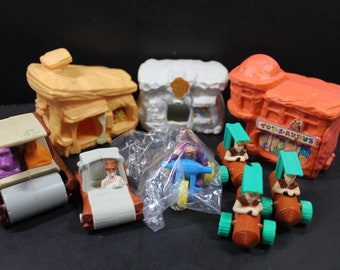 McDonald&#39;s Flintstones Vintage 90&#39;s Happy Meal Toy Village and Flintmobile Candy Container  Houses Cars, Fred, Barney, Wilma, Betty & Dino