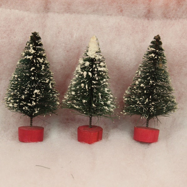 4" Green Bottle Brush Trees with Flocked Snow and Red Wood Base Vintage Lot of 3 / Christmas Decor / Village Accessory