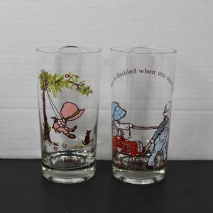 2 Vintage Holly Hobbie American Greetings Glass Tumblers  / Holly and Robby Hobbie Water Glasses / VTG 60&#39;s and 70&#39;s Holly Hobbie Tumbler