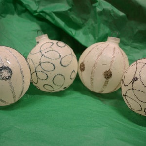 Vintage WEST GERMANY Glass Ball Christmas Ornaments Lot of 4 / White With Mica & Glitter