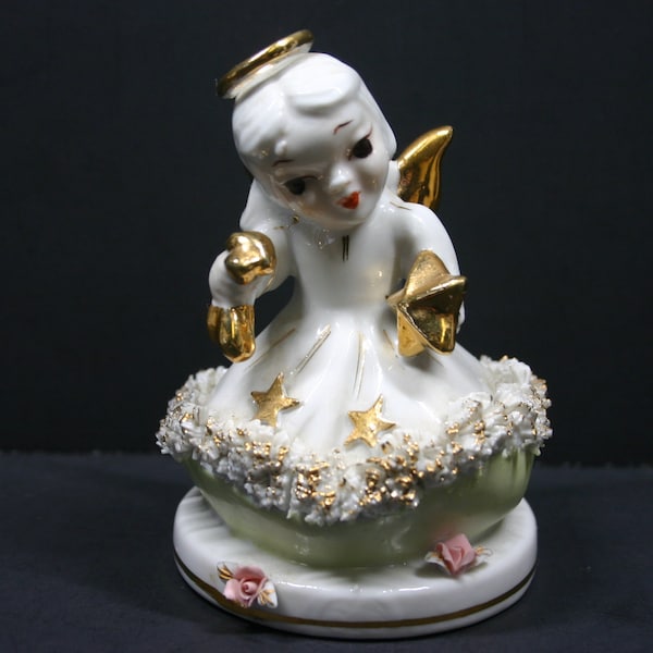 Occupied Japan Angel Spaghetti Trim Figurine With Gold Trim and Stars  / Made in Occupied Japan / Vintage