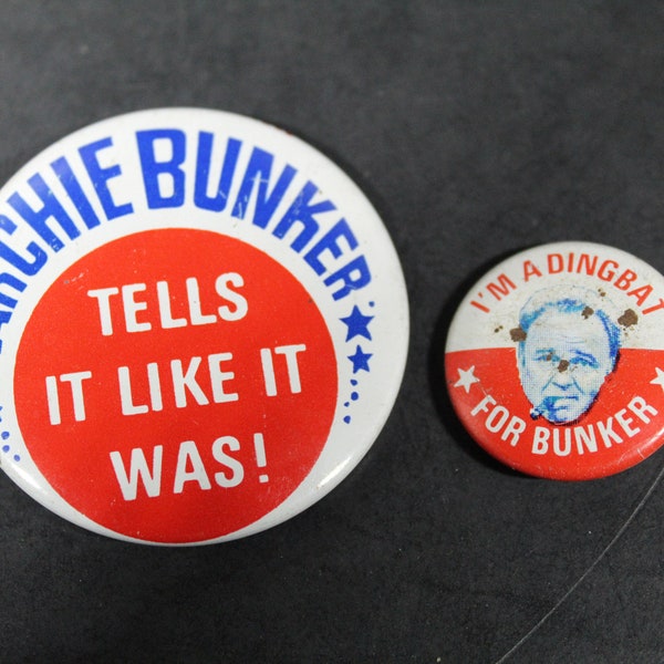 2 TV Archie Bunker Vintage Pin Back Buttons / All In The Family / Sitcom Memorabilia / I'm A Dingbat / Archie Bunker Tells It Like It Was