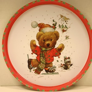 Vintage 90&#39;s Metal Christmas Serving Tray Giordano Giftco / Christmas Bear Ice Skating Tin Round Cookie Tray