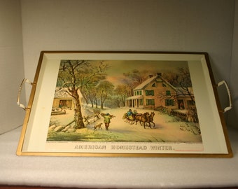 Vintage Metal Tray-Currier & Ives-American Homestead Winter Design / Nashco Metal Tray / Americana Decor