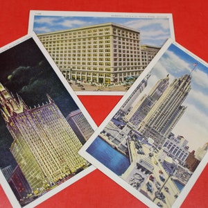 Chicago Vintage Postcard Lot Of 3 /  Illinois / Marshall Field, Tribune Tower and Michigan Ave Bridge, Chicago Temple Building by Night