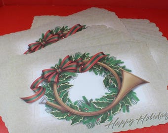 Christmas Paper Placemats Vintage Lot of 25 Happy Holidays Wreath With A Horn / Holiday Table Decor