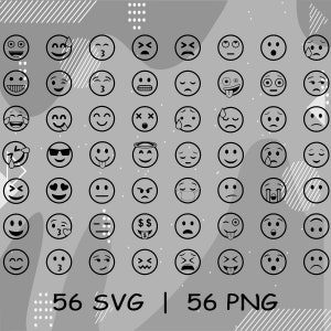 Puede incluir: Un conjunto de 56 iconos emoji en blanco y negro en forma de c&iacute;rculo. Los iconos representan diversas expresiones faciales, incluyendo feliz, triste, sorprendido y enojado.
