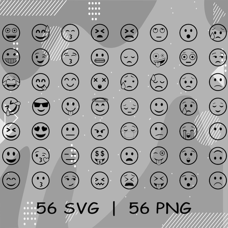 Puede incluir: Un conjunto de 56 iconos emoji en blanco y negro en forma de c&iacute;rculo. Los iconos representan diversas expresiones faciales, incluyendo feliz, triste, sorprendido y enojado.