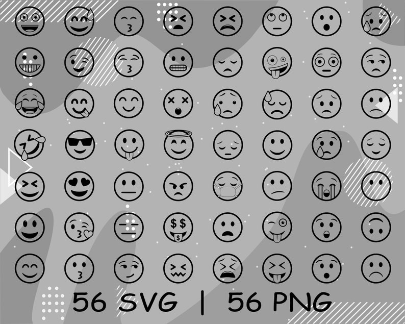 Puede incluir: Un conjunto de 56 iconos emoji en blanco y negro en forma de c&iacute;rculo. Los iconos representan diversas expresiones faciales, incluyendo feliz, triste, sorprendido y enojado. Los iconos est&aacute;n dispuestos en una cuadr&iacute;cula sobre un fondo gris con formas abstractas.