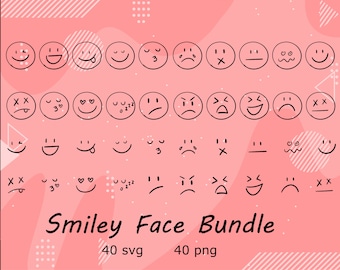 Emoji Face SVG & PNG Bundle | 56 Black Line Art Designs (Digital Download)