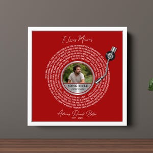 Puede incluir: Una obra de arte conmemorativa enmarcada con un fondo rojo y un dise&ntilde;o circular que se asemeja a un disco de vinilo. El dise&ntilde;o incluye una foto, letras de canciones y el texto "In Loving Memory". Tambi&eacute;n se incluye el nombre y las fechas del artista.