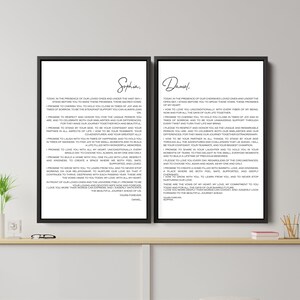 May include: Two black and white framed prints with vows for a wedding ceremony. The text includes the names Sophia and Daniel and vows to love, cherish, and support each other.