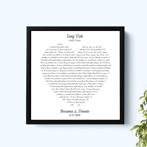 Personalized Heart-Shaped Music Lyrics Framed Canvas Anniversary & Couple's Gift With Custom Names and Date Unique Present For Him and Her