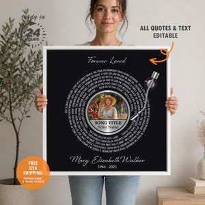 Puede incluir: Una impresi&oacute;n en blanco y negro enmarcada con un dise&ntilde;o circular que contiene letras de canciones y una foto de una mujer. La impresi&oacute;n incluye el texto "Forever Loved", "Song Title" y "Artist Name". El marco es blanco.
