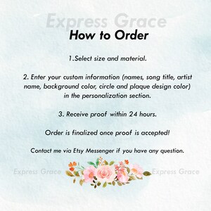Puede incluir: Fondo azul claro con el texto "Express Grace" y "How to Order". Las instrucciones incluyen seleccionar tama&ntilde;o y material, ingresar informaci&oacute;n personalizada y recibir una prueba en 24 horas.