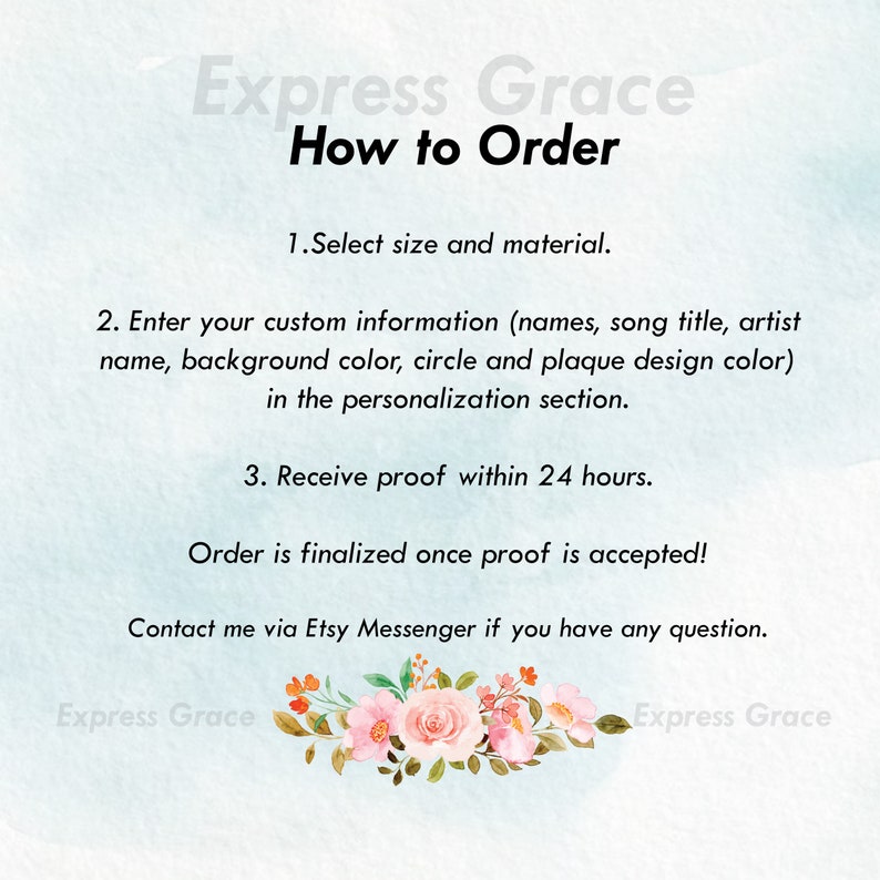 Puede incluir: Fondo azul claro con el texto "Express Grace" y "How to Order". Las instrucciones incluyen seleccionar tama&ntilde;o y material, ingresar informaci&oacute;n personalizada y recibir una prueba en 24 horas.