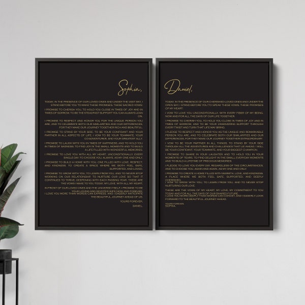 Black and Gold Color Vows Sign Set of Two - Modern Typographic Art Bundle - Personalized Canvas Prints - Framed Wedding or Anniversary Decor