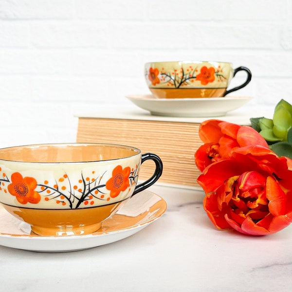 Vintage Japanese Lusterware Cup & Saucer Set - Peach / Black Floral Pattern - Tea Cups or Coffee Cups with Saucers