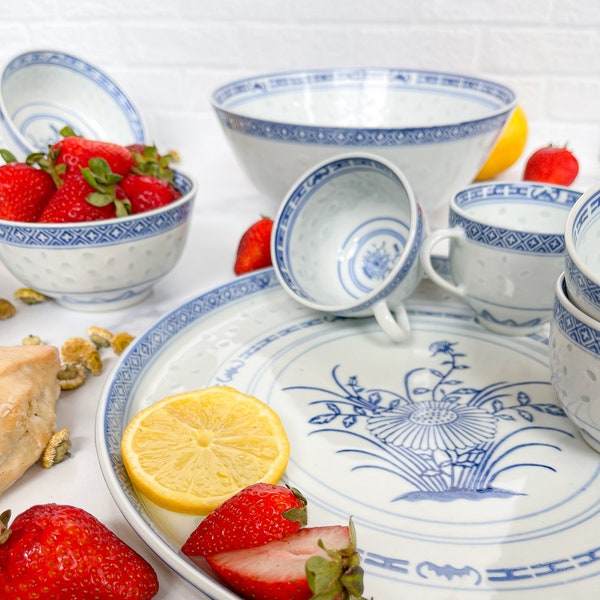 Vintage Chinese Rice Eye Porcelain - Serving Bowl, Serving Platter, Tea Cups, Rice Bowls - Dragon & Sunflower Patterns