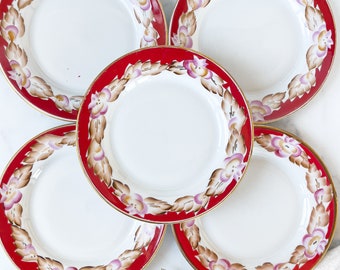 Set of 5 Vintage Japanese Dishes - 7" Dessert/Salad Plates with Red and Pink Floral Pattern