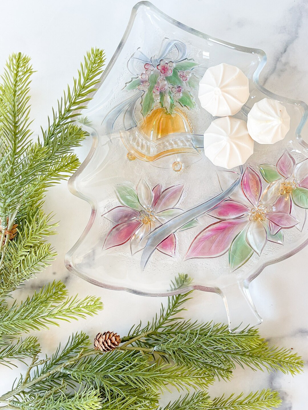 Vintage Glass Christmas Tree Platter / Cookie Tray / Serving Plate