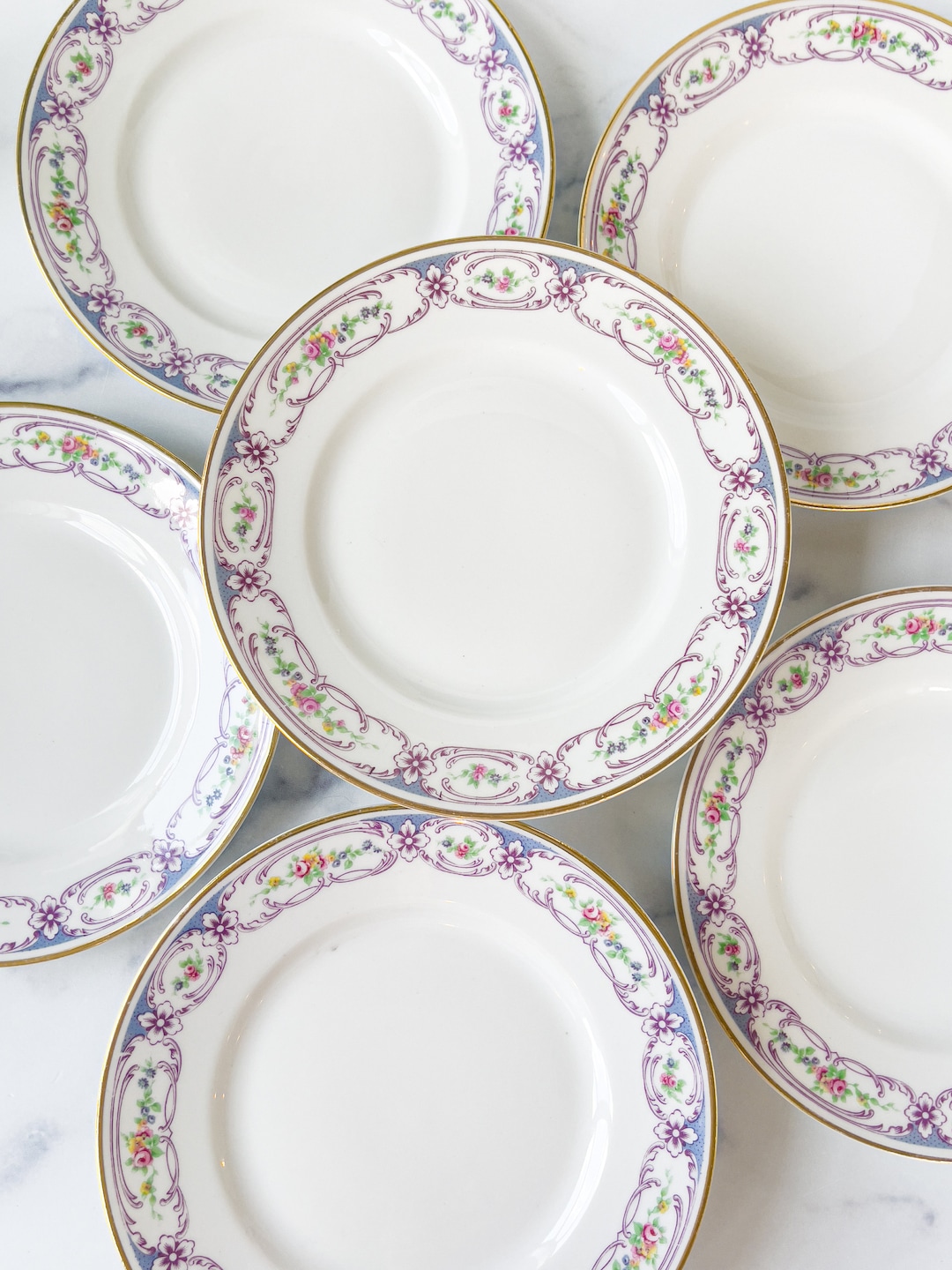 Set of 6 Vintage Dessert Plates Bernardaud & Co, Limoges France Purple