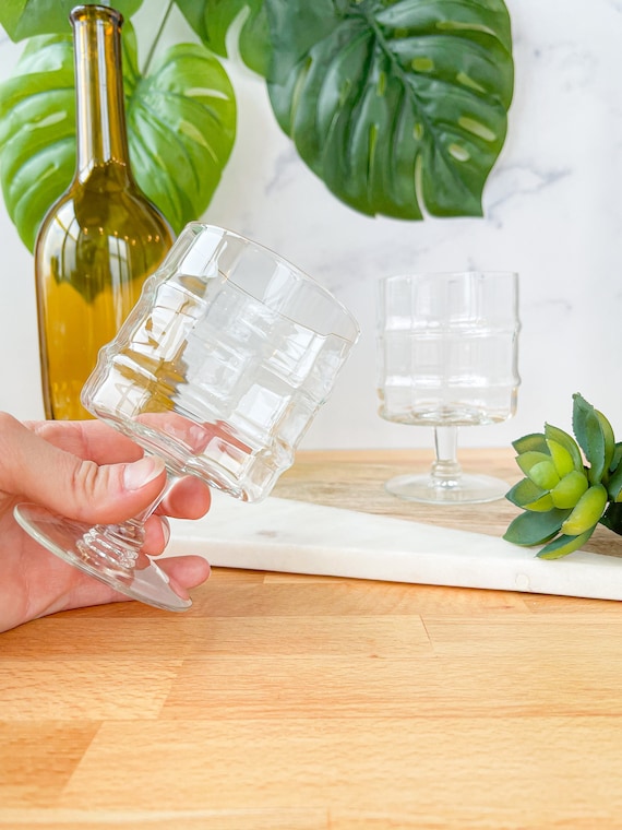 Pair of Vintage Short Stem Wine Cocktail or Water Glasses Square-bottomed  Glasses With Optic Cube Grid Effect 