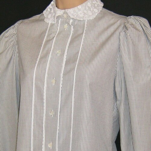 LAURA ASHLEY shops Vintage Grey Striped Victorian Edwardian Style Lace Collared Blouse, UK10