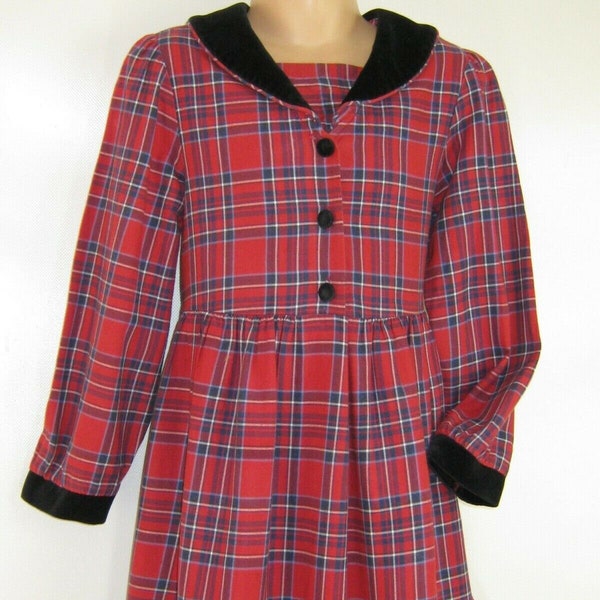 LAURA ASHLEY Vintage "Mother&Child" Label Tartan Check Velvet Collar Festive Dress, 7 Years