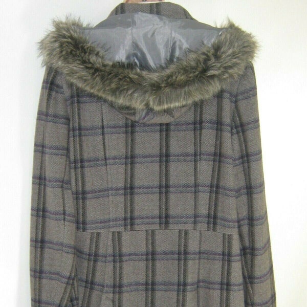 LAURA ASHLEY - Duffle-coat à capuche en laine mélangée marron à carreaux, UK18/20 - Écharpe Laura Ashley Archive incluse