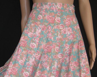 LAURA ASHLEY Vintage 80's Lalique Green Rose Blush Floral Cotton Pleat Skirt, UK6/8 (Label UK10)