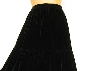 LAURA ASHLEY Vintage Black Silk Blend Velveteen Tiered Goth Steampunk Style Maxi Skirt, UK10/12