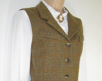 LAURA ASHLEY Vintage English Country Overcheck Chaleco de tweed de lana nueva pura, Reino Unido12/14