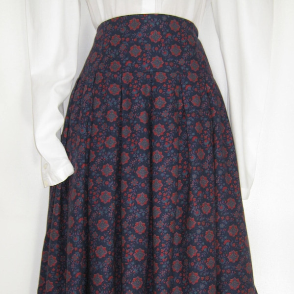 LAURA ASHLEY Vintage Crimson Tudor Flower Brushed Cotton High-Waist Autumn Skirt, UK12/14 (Label 16)