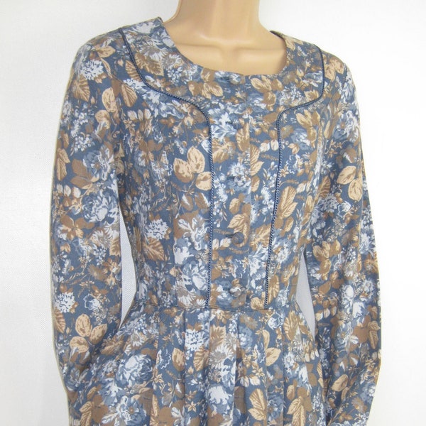 LAURA ASHLEY Vintage Shetland Blue Autumn Leaf Elegant Cotton Wool Day Dress, UK8/10