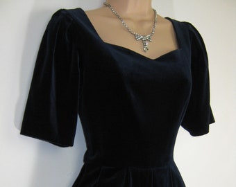 LAURA ASHLEY Vintage Gothic Midnight Blue Velvet Festive Evening Dress, UK10/12