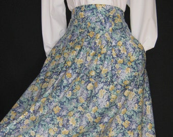 LAURA ASHLEY Vintage Cornflower Buttercup Cotton Lawn Sommerrock mit elastischer Taille, UK16